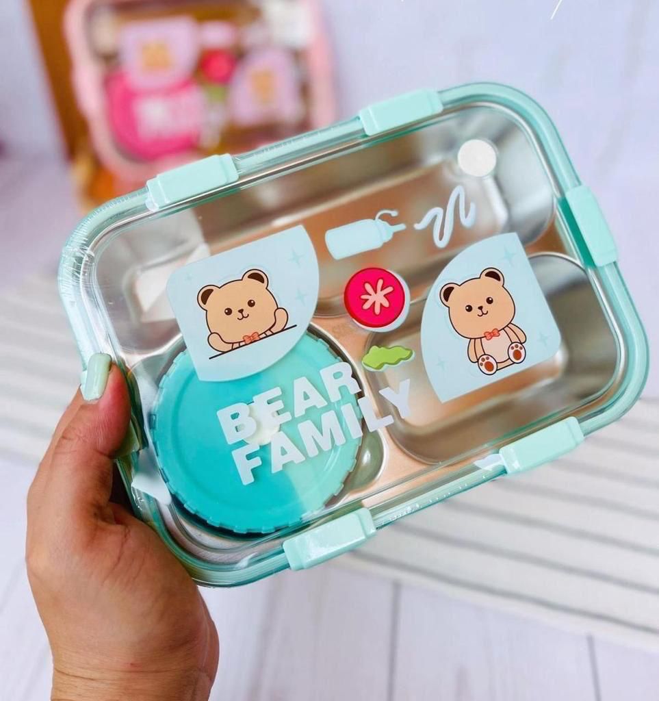 Personalized Stainless Steel Bear Family Bento Lunch Box (3 Grid) With Bowl for Kids - Memories InsiteBEAR FAMILY LUNCH BOX-2 GREEN